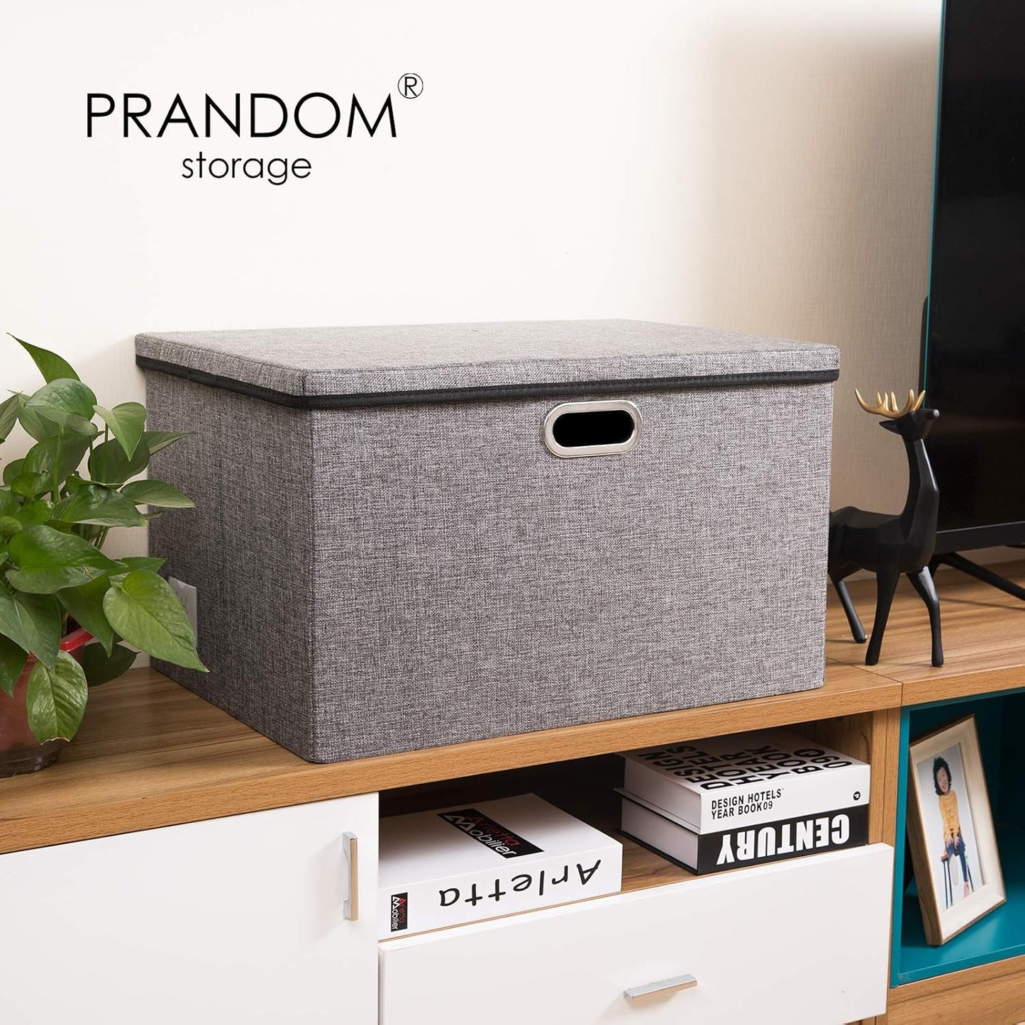 PRANDOM Large Foldable Storage Bin with Lid [1-Pack] Linen Fabric Decorative Storage Box Organizer Containers Basket Cube with Handles Divider for Bedroom Closet Office Living Room (17.7x11.8x11.8")