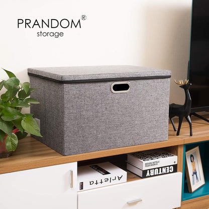 PRANDOM Large Foldable Storage Bin with Lid [1-Pack] Linen Fabric Decorative Storage Box Organizer Containers Basket Cube with Handles Divider for Bedroom Closet Office Living Room (17.7x11.8x11.8")