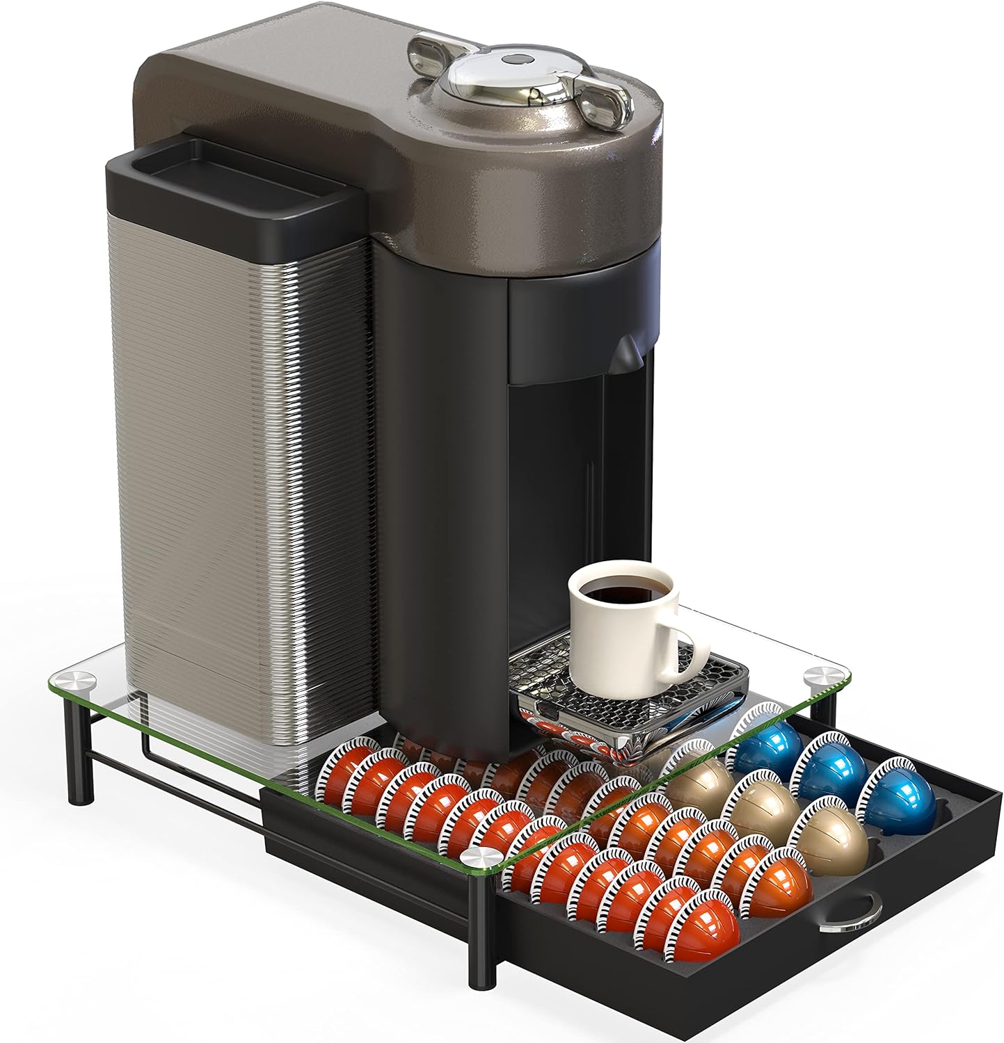 DecoBrothers Vertuo Pod Holder VertuoLine Drawer Storage for Nespresso Coffee Capsules, Crystal Tempered Glass, White