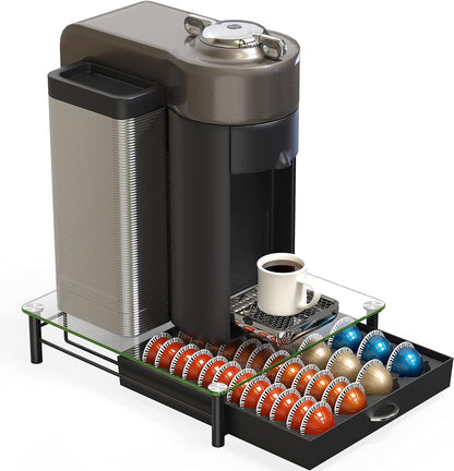DecoBrothers Vertuo Pod Holder VertuoLine Drawer Storage for Nespresso Coffee Capsules, Crystal Tempered Glass, White