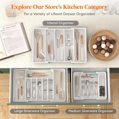 Lifewit Cutlery Organizer, Expandable Utensil Organizer for Kitchen, Utensil Holder, Adjustable Cutlery Rack Organizer for Spoons, Knives, Kitchen Organizers and Storage, Black