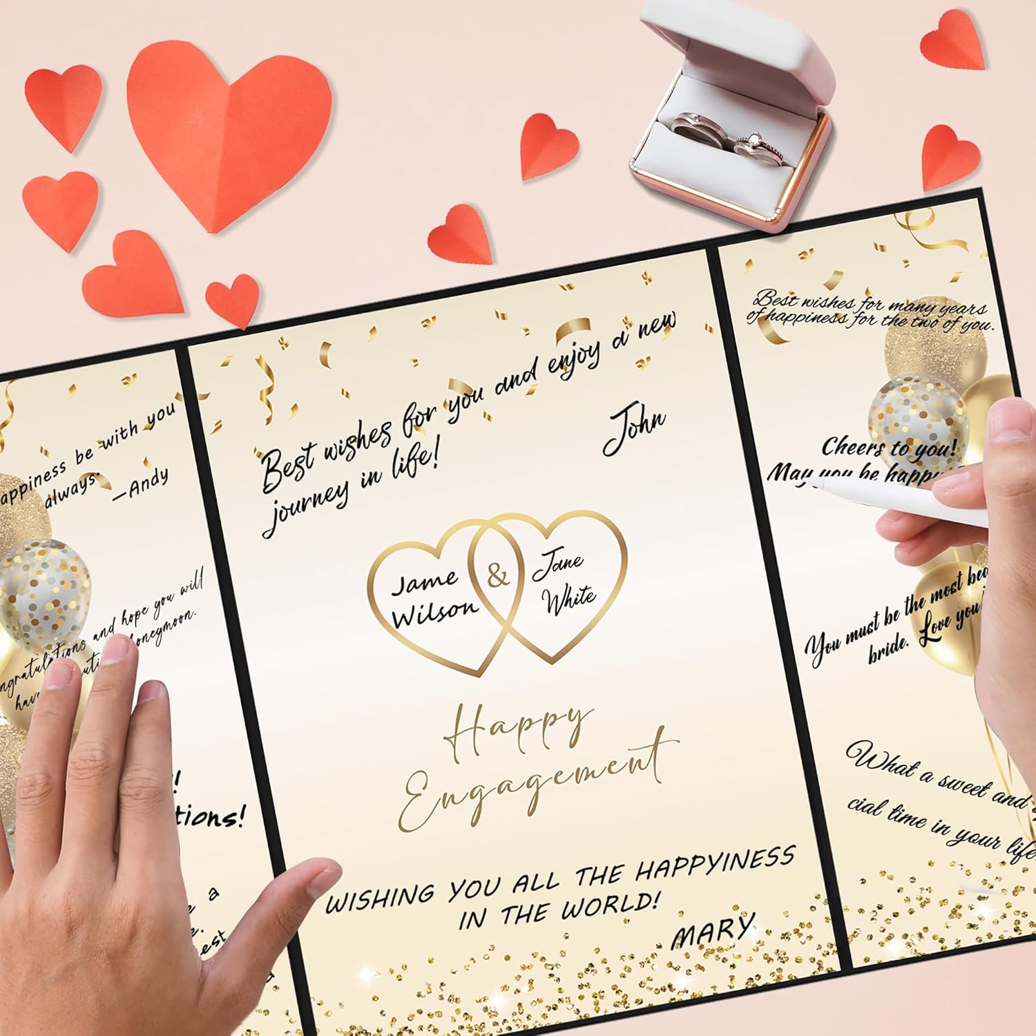 DARUNAXY Black Gold Engagement Party Decorations, Happy Engagement Alternative Signature Guest Book Just Engaged Gifts Almost Married Congratulations Engagement Signing Card Board Party Supplies - PuriLite