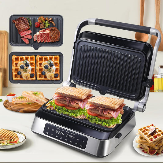Panini Grill Press Sandwich Maker | Commercial Smokeless Indoor Grill, 1600W, 180° Open, Removable Plates, Stainless Steel, Ideal Kitchen Gift for Steak, Hamburger, Waffle - PuriLite