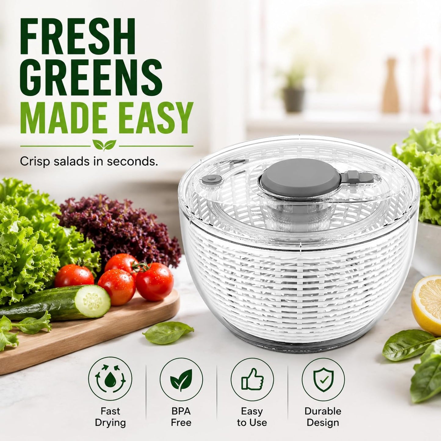 3.6L Salad Spinner – Manual Vegetable & Lettuce Dryer, Plastic Colander Bowl with Quick Spin Drain System – Kitchen Fruit & Veg Washer Dryer – 21 x 21 x 13 cm, 750g
