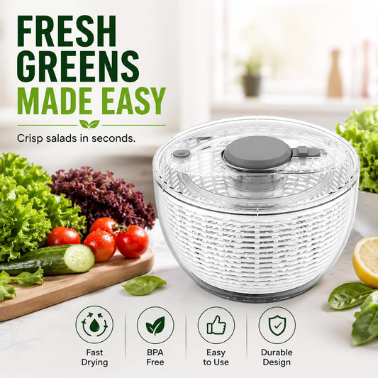 3.6L Salad Spinner – Manual Vegetable & Lettuce Dryer, Plastic Colander Bowl with Quick Spin Drain System – Kitchen Fruit & Veg Washer Dryer – 21 x 21 x 13 cm, 750g
