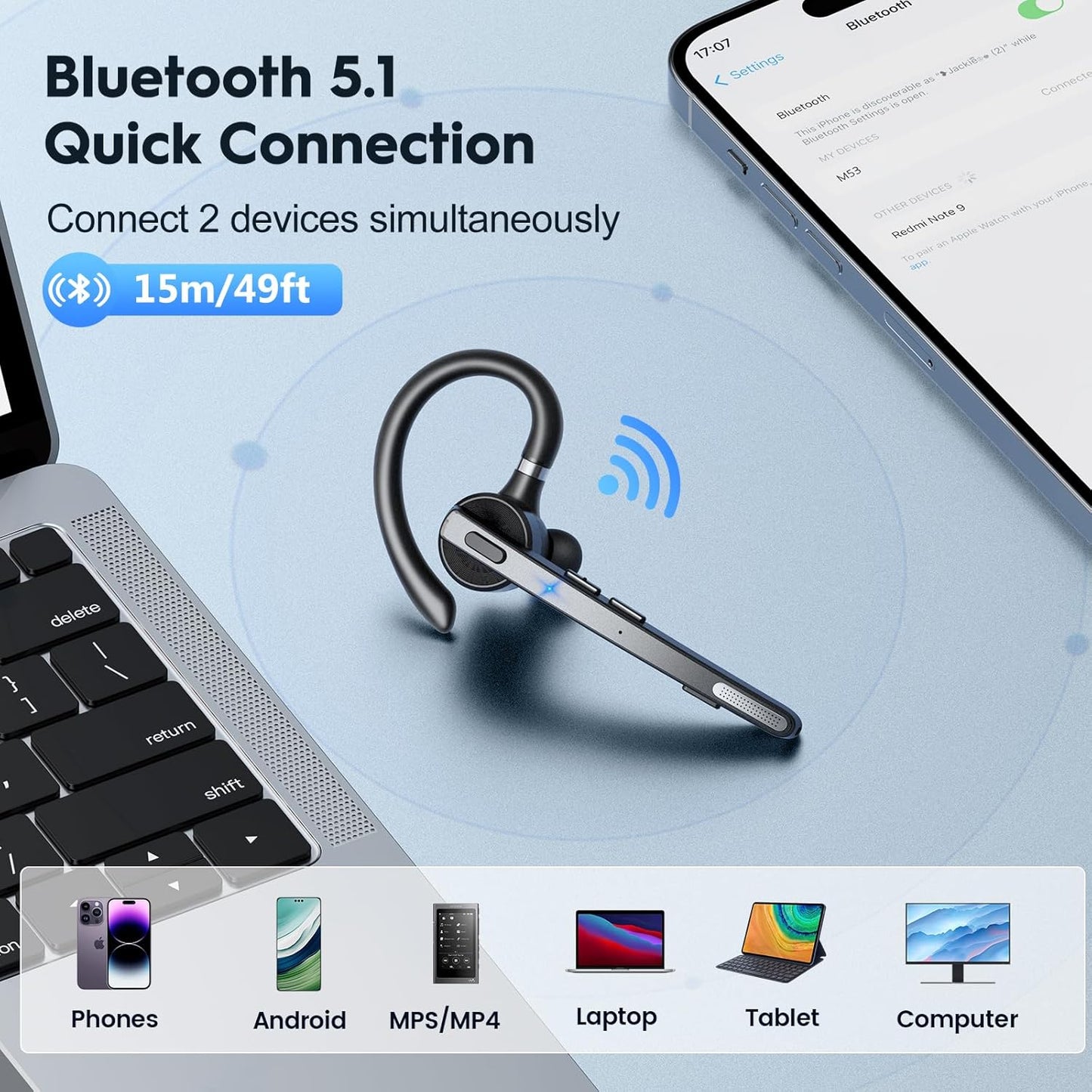 Bluetooth Headset V5.1, Wireless Headset with 500mAh Charging Case ENC Noise Cancelling Microphone, Bluetooth Earpiece 72H Talk Hands-Free Headphones for Cell Phone Office Business Driving (M51)