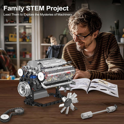 V8 Engine Model Building Blocks Kit – Working Mini Engine DIY STEM Construction Set for Adults, 535-Piece Mechanical Display Project - PuriLite