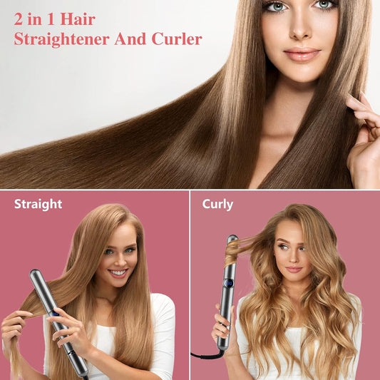 Saoilli Hair Straightener and Curler 2 in 1,Flat Iron Hair Straightener,Straightener and Curling Iron in One,Negative Ion Flat Iron with Adjustable Temp for All Hair Types,LCD Display(Gray) - PuriLite