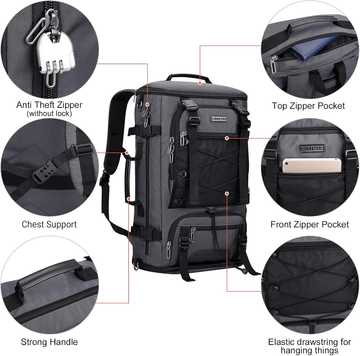 WITZMAN Travel Backpack for Men Large Carry on Backpack Convertible 3 in 1 Bags with Shoe Compartment Fit 17 Inch Laptop(B689 Black)