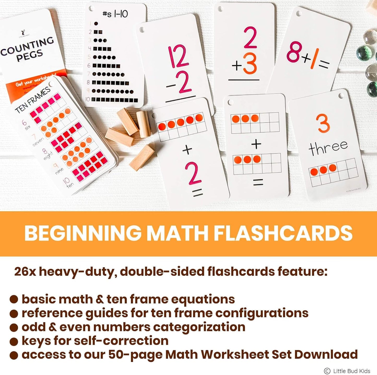 LITTLE BUD KIDS Counting Pegs Ten Frame Math Game - Number Peg Boards with Addition & Subtraction Flash Cards, A Number Learning Resources Toddler Math Puzzle & Kindergarten Montessori Toy
