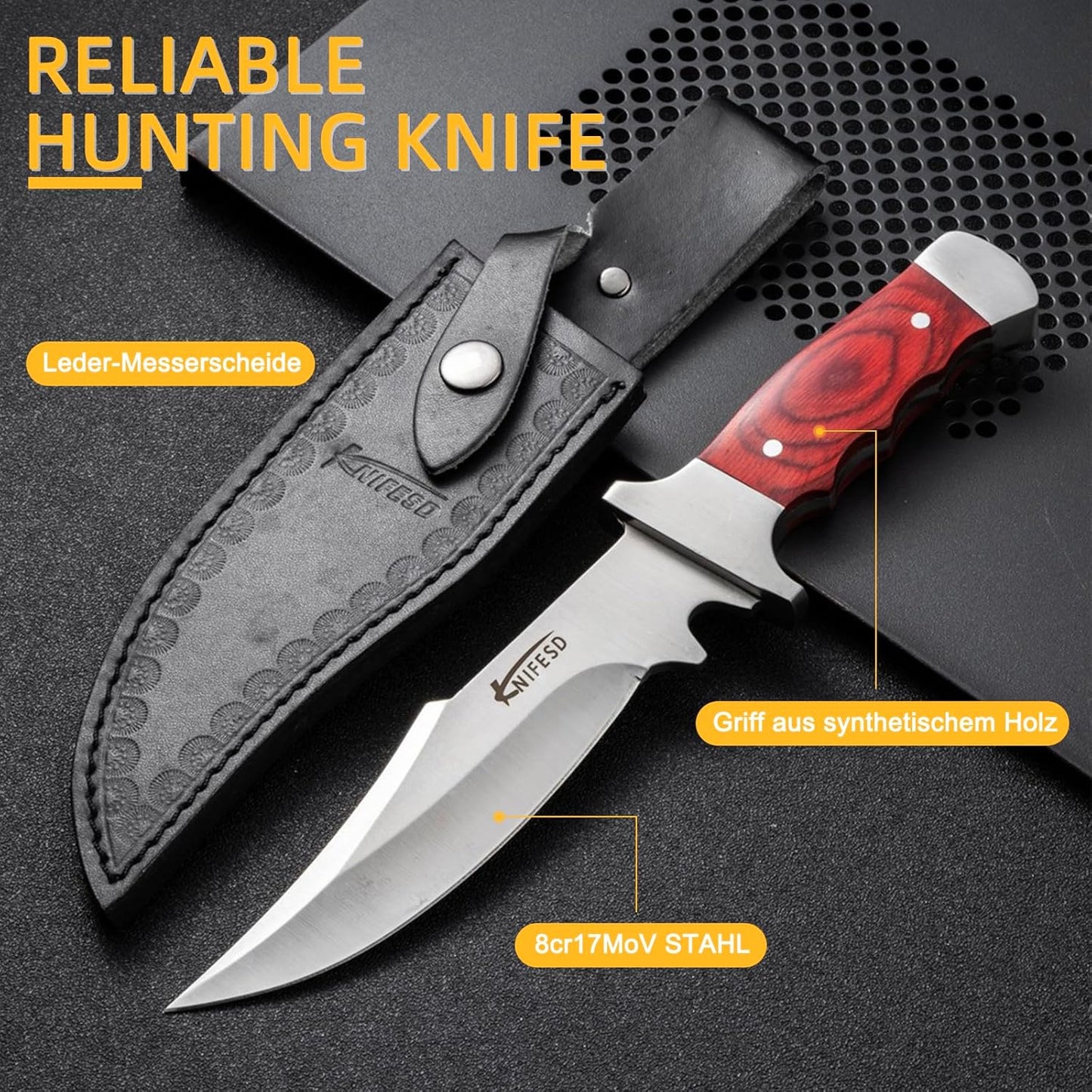 Omesio Fixed Blade Knives with Sheath Hunting Knife Bushcraft Knives Skinning Knife Deer Hunting Knives, Full Tang Big Camping Outdoor (B-Red)