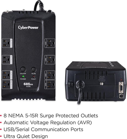 CyberPower CP685AVRG AVR UPS System, 685VA/390W, 8 Outlets, Compact