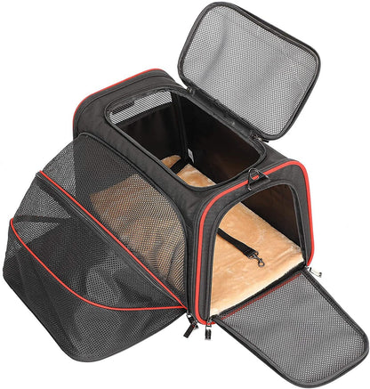 Petsfit Expandable Cat Dog Carrier Airline Approved, 17" L x 11" W x 11" H Soft-Sided Portable Pet Travel Carrier for Kitten, Puppy, Removable Soft Plush Mat and Pockets, Auto-Locking Zippers