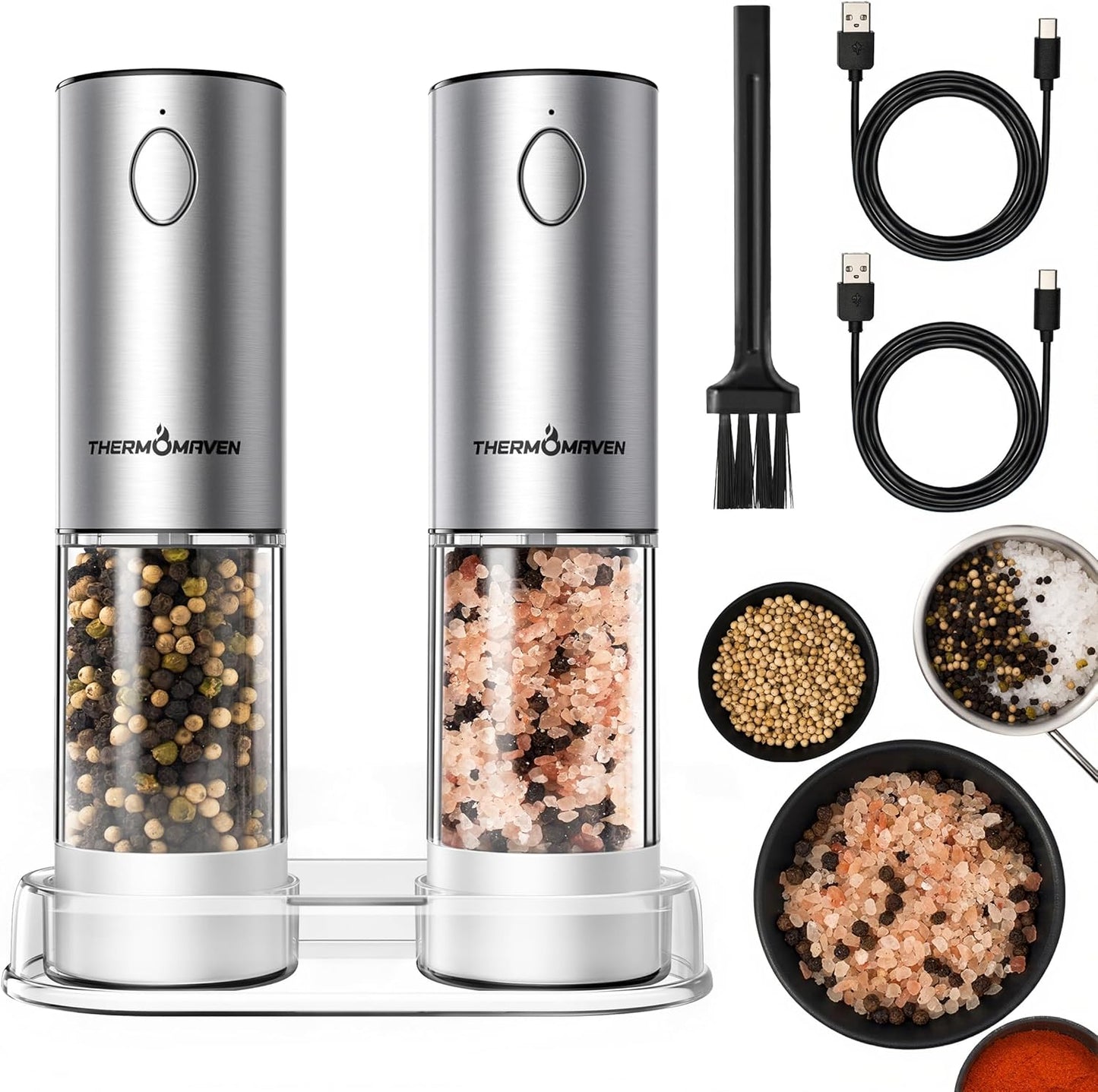 ThermoMaven Electric Salt and Pepper Grinder Set, 110ml Larger Rechargeable Automatic Salt and Pepper Mill Grinder with 6 Adjustable Coarseness, Electric Salt and Pepper Shakers, LED, 2 Packs, Silver