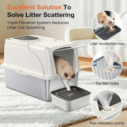 Stainless Steel Litter Box, XXL Large Metal Covered Litter Boxes, Dual Entrance Detachable Cat Litter Box with Lid, 16.6'' High Wall Urine Leak Prevention with Cat Litter Scoop (Gray)