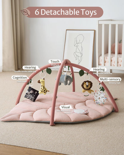 Blissful Diary Baby Play Gym & Activity Mat, Oversize Leaf Shaped Tummy Time Baby Play Mat w 6 Detachable Toys Promotes Motor Skills & Sensory Development, Newborn Infant Essentials Gift, Crystal Pink