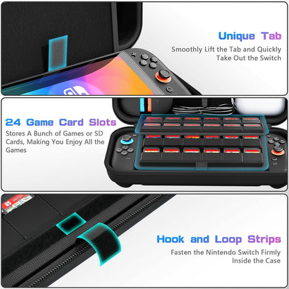 Daydayup Switch Carrying Case Compatible with Nintendo Switch/Switch OLED, with 20 Games Cartridges Protective Hard Shell Travel Carrying Case Pouch for Console & Accessories, Black