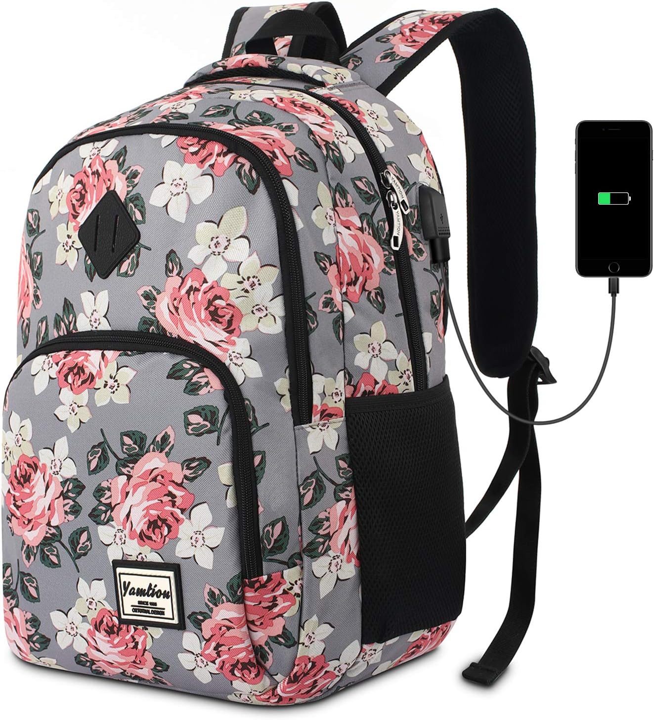 Backpack for Teen Girls,Boys School Backpack for Women with USB,College Backpack,Big Flower