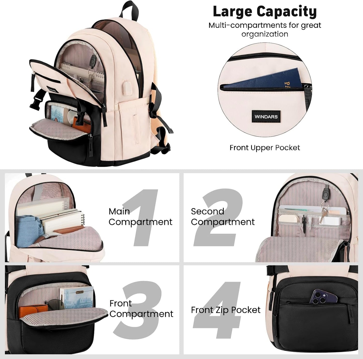 WINDARS Backpack for School Girls, Cute High School Backpacks for Teens Women Student Large Bookbag 15.6 Inch Laptop Bag with USB Charger Port for College Work Travel Trip (Beige Khaki)