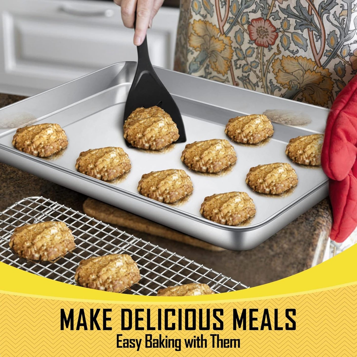 17.5 Inch Baking Sheet Pan with Rack Set, Joyfair Stainless Steel Half Size Oven Cookie Sheet Tray with Cooling Rack, Non-Toxic & Heavy Duty, Mirror Finishes &Easy Cleaning - (1 Pan + 1 Rack)