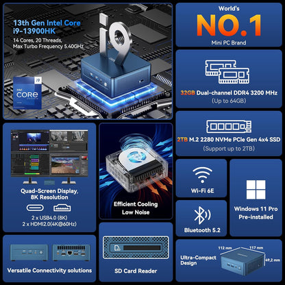 GEEKOM IT13 2025 Mini PC 2025 Edition with 13th Gen Intel i9-13900HK, NUC 13 Mini Computers(14C/20T), 32GB RAM&1T M.2 2280 NVMe Gen4*4 SSD, Windows 11 Pro/Wi-Fi 6E/Bluetooth 5.2/USB 4.0/2.5G LAN