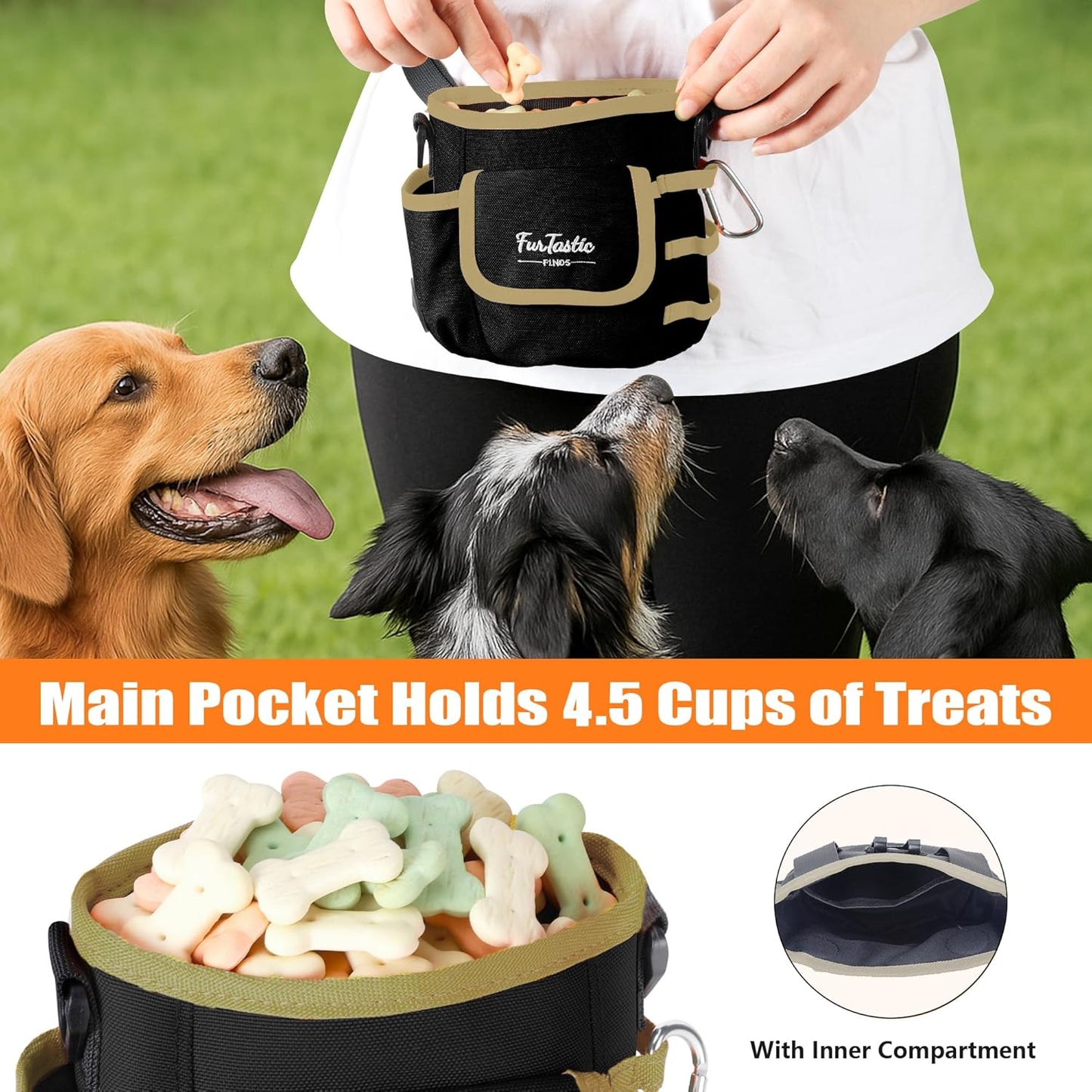 FurtasticFinds Dog Treat Pouch with Quick-Release Magnetic Closure, 3-Way Wear Treat Bags, 900D Waterproof Fabric, 4 Storage Spaces, Treat Pouch for Pet Training Walking (Green)