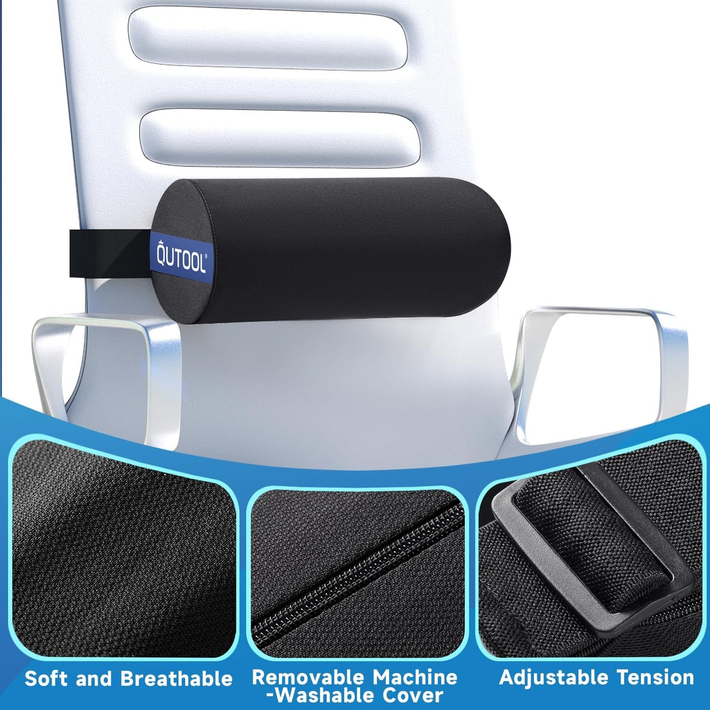 QUTOOL Lumbar Support Pillow for Office Chair – Lumbar Roll Cushion for Car Seat, Adjustable Strap, Soft Foam, Removable Washable Cover