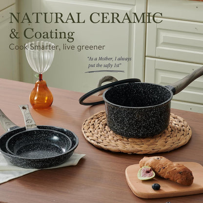 Ceramic Cookware Set 22 Piece Nonstick Pots and Pans Set Non Stick Kitchen Cooking Sets 8" Frying Pans with Lid,Black Granite Non-Toxic Induction Kitchen Cookware w/Glass Lids PFOS/PFOA-Free