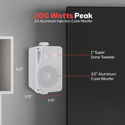 3-Way Weatherproof Outdoor Speaker Set - 3.5 Inch 200W Pair of Marine Grade Mount Speakers - in a Heavy Duty ABS Enclosure Grill - Home, Boat, Poolside, Patio, Indoor Outdoor Use - Pyle PLMR24 (White)