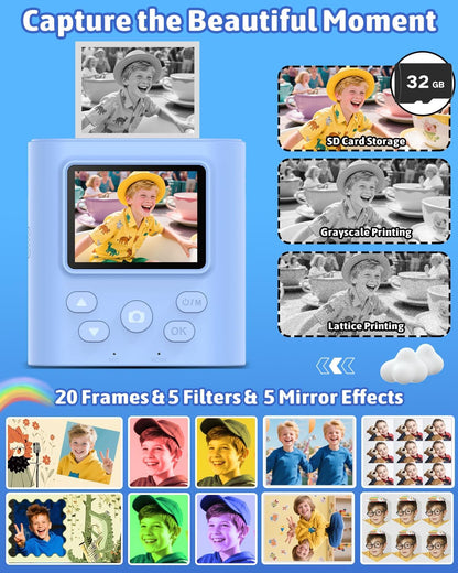 Mgaolo Kids Camera with Instant Print, Thermal Printing Digital Camera Gift for 3-12 Years Old Children, Safe Ink-Free Design, Toy for Creativity & Learning (Black)