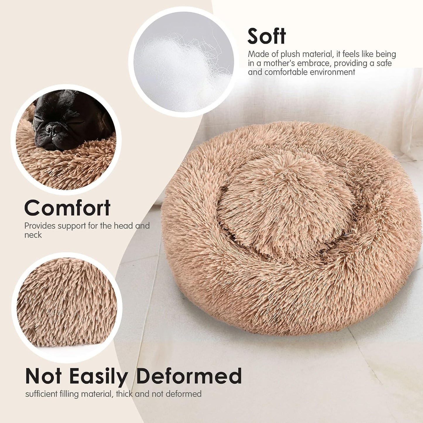 Dog & Cat Bed, 20in Cat Beds for Indoor Cats, Calming Donut Bed for Puppy and Kitten, Washable Round Fluffy Pet Bed for Small Medium Dogs and Cats (Camel)