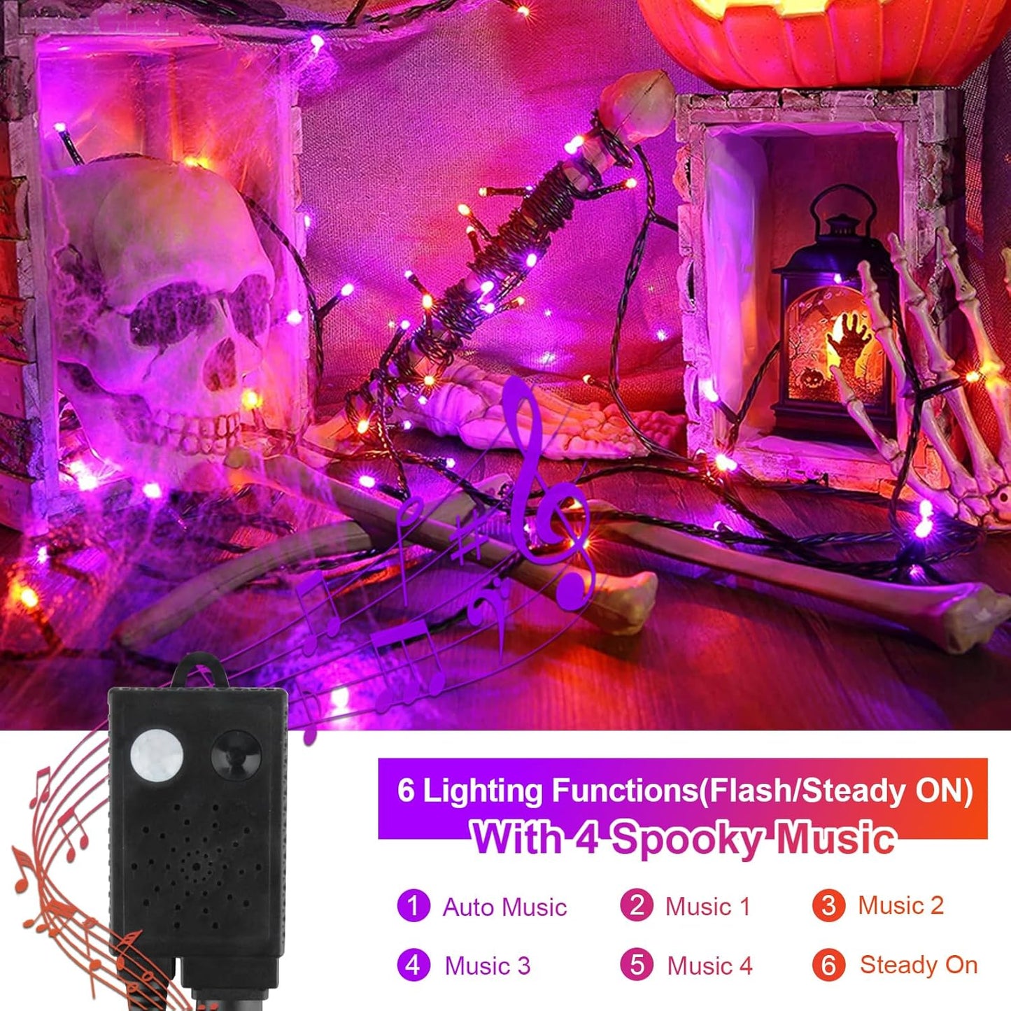 Tcamp 105FT 300 LED Purple Orange Halloween Decorations Lights Motion Activated Sync with 4 Scary Music, 6 Modes Halloween String Lights for Party Yard Outdoor Indoor Decor (3 Sets Connectable)