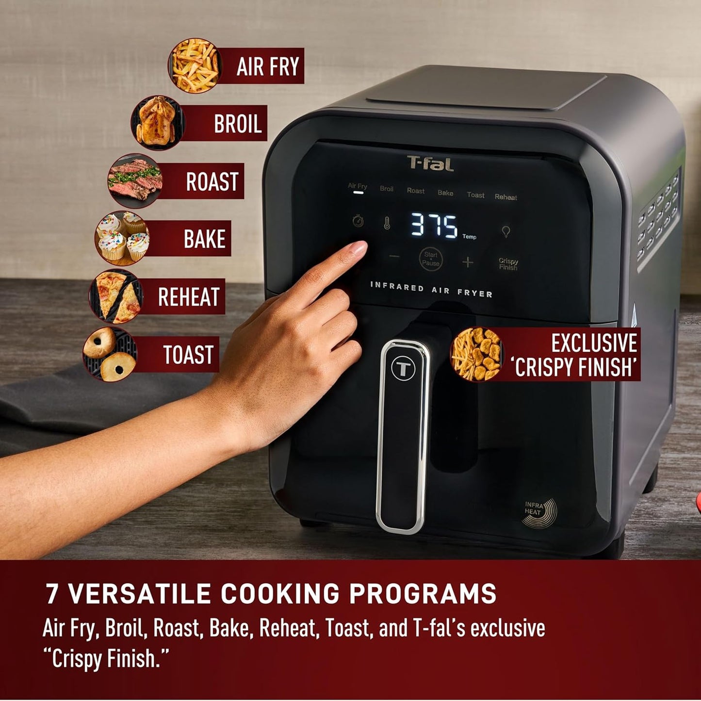 T-fal Infrared 2.0 Air Fryer, 8-in-1, Extra Large 7L / 7.3Qt., Infra-Heat Technology, Dual heating design, No pre-heating, Faster, Juicier and Crispier, Black