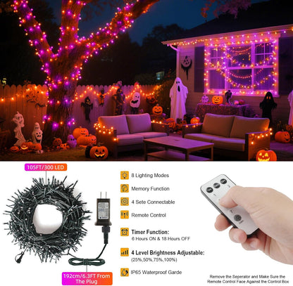 Tcamp 105FT 300 LED Purple Orange Halloween Decorations Lights Motion Activated Sync with 4 Scary Music, 6 Modes Halloween String Lights for Party Yard Outdoor Indoor Decor (3 Sets Connectable)