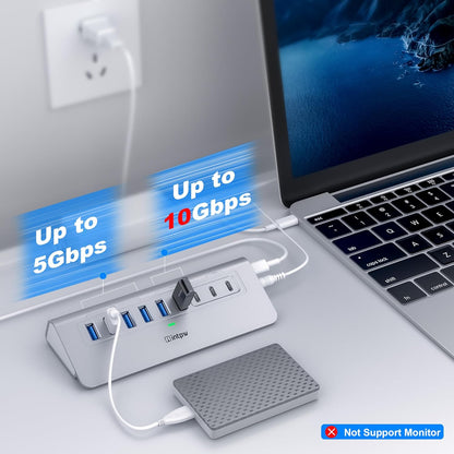 Powered USB Hub, Intpw 9-Port USB 3.2/USB C Hub with 10Gbps, 5*USB 3.0 + 45W PD Charging Ports, 3.3FT Cable and 65W Power Adapter, Aluminum USB Extender Hub for iphone16/ipad/Macbook/Laptop,PC
