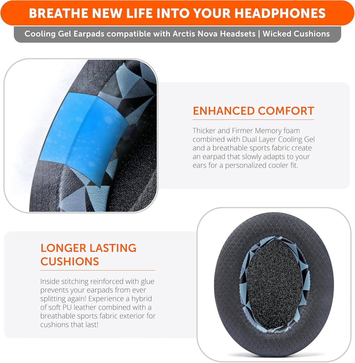 WC Freeze for Arctis Nova - Hybrid Fabric Cooling Gel Replacement Earpads for Arctis Nova Pro Wired, Nova 7, 5, 4, 3, 1 - Made by Wicked Cushions (Does Not Fit Nova Pro Wireless) | Black