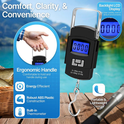 Flexzion Digital Hanging Scale – 110lb/50kg Portable Luggage Scale, and Fish Scale with Electronic Backlight LCD, Stainless Steel Hook, 2 AAA Batteries Included