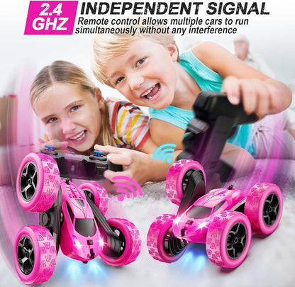 QUNREDA Remote Control Car for Kids Ages 6+, RC Cars Stunt Car Toy 4WD Double Sided 360° Rotating Remote Control with Headlights, Birthday Xmas Gifts for Boys 6 7 8 9 10 11 12 1-Blue