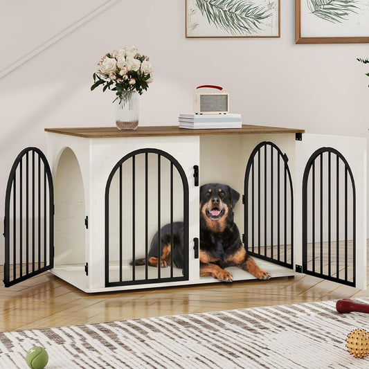 Hzuaneri 100 cm Wooden Dog Crate Furniture, Indoor Dog Kennel Dogs Cage for Small/Medium/Large Dogs, Heavy Duty Dog Crates Decorative Pet House End Side Table TV Stand, White Brown DFC84114B