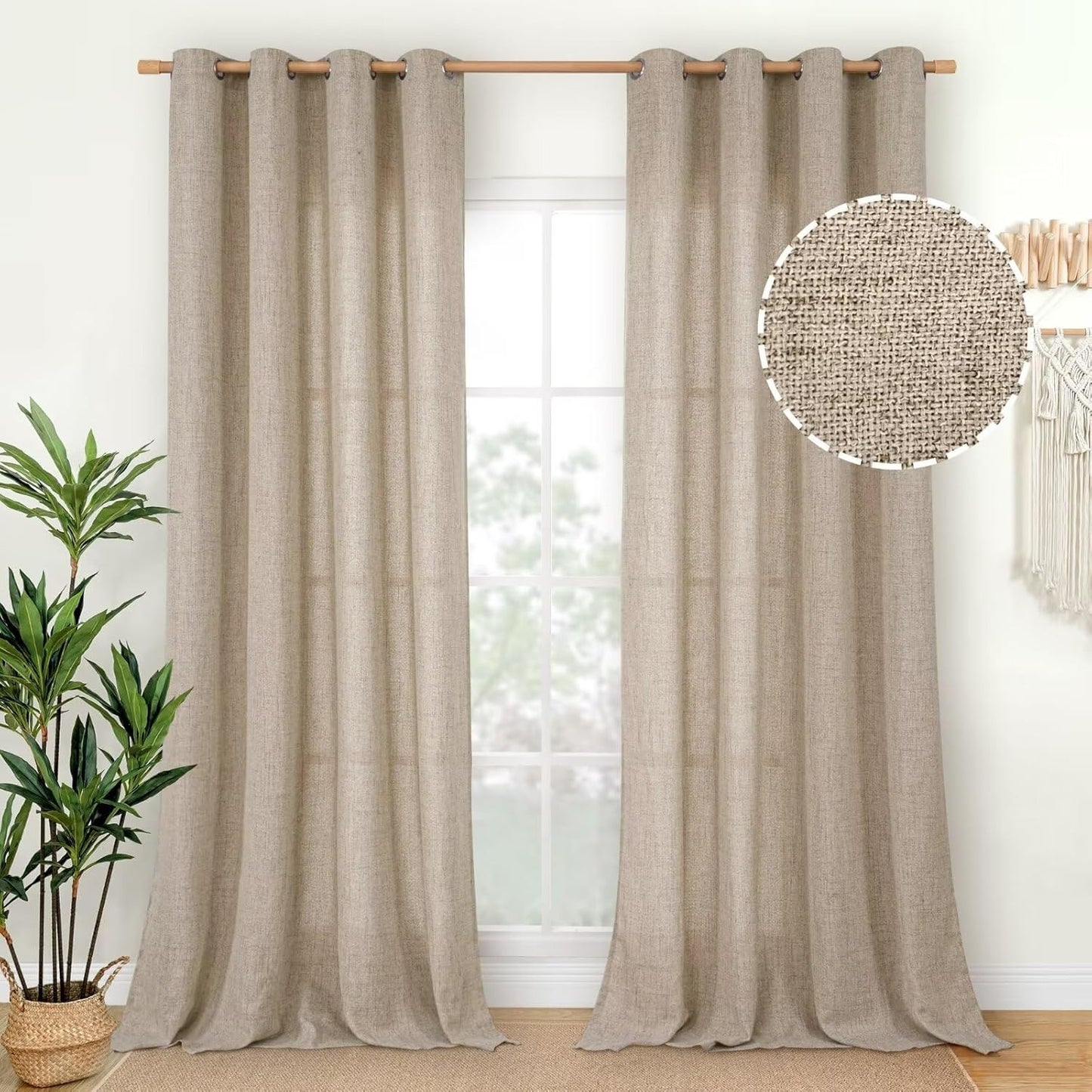 YoungsTex Natural Linen Curtains 84 Inch Long for Living Room Bedroom Grommet Top Light Filtering Privacy Linen Textured Window Semi Sheer Drapes, 2 Panels, 52x84 Inch, Natural