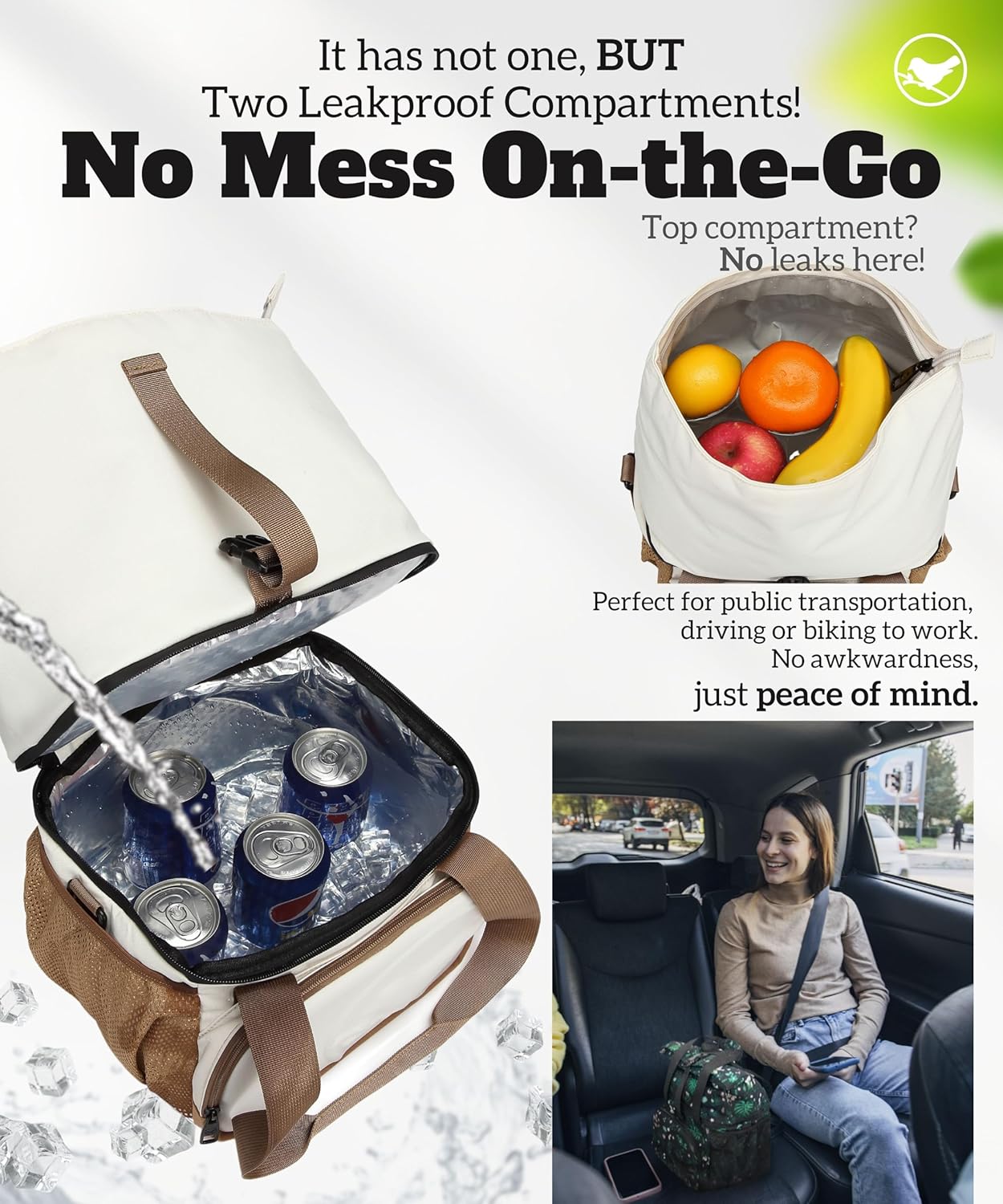 SUNNY BIRD Dual Compartment Lunch Bag Insulated Lunch Box for Women and Men (Green with Boho Strap)