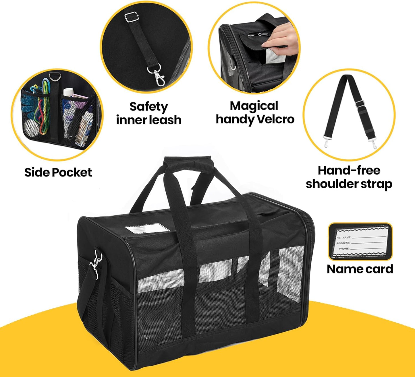 Conlun Cat Carrier Airline Approved, Soft-Sided Dog Carrier with Inner Safety Leash, Pet Transport Carrier for Small-Medium Cats Puppies up to 15 Lbs, Collapsible Travel Kitten Carrier Bag -Black M