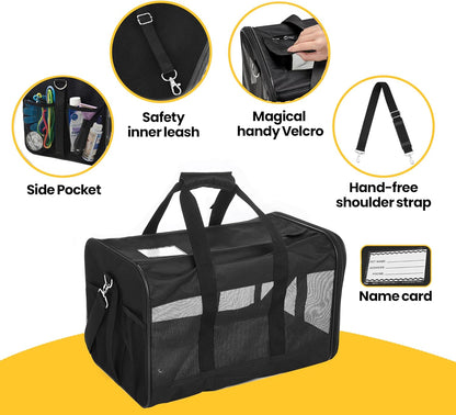 Conlun Cat Carrier Airline Approved, Soft-Sided Dog Carrier with Inner Safety Leash, Pet Transport Carrier for Small-Medium Cats Puppies up to 15 Lbs, Collapsible Travel Kitten Carrier Bag -Black M
