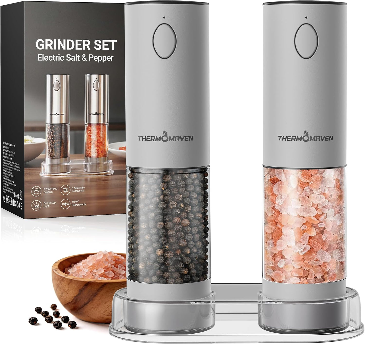 ThermoMaven Electric Salt and Pepper Grinder Set, 110ml Larger Rechargeable Automatic Salt and Pepper Mill Grinder with 6 Adjustable Coarseness, Electric Salt and Pepper Shakers, LED, 2 Packs, Silver