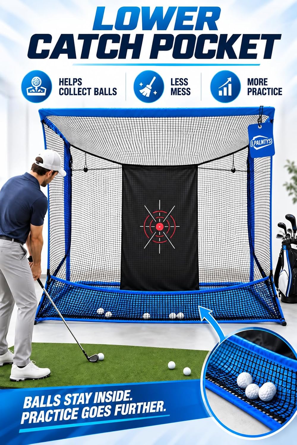 Golf Hitting Net with Extra Striking Net, 10x7ft Heavy Duty Golf Practice Net for Golfer Backyard Driving Swing, Golf Impact Net Cage Metal Frame with Storage Bag and Elevated Base (Blue)