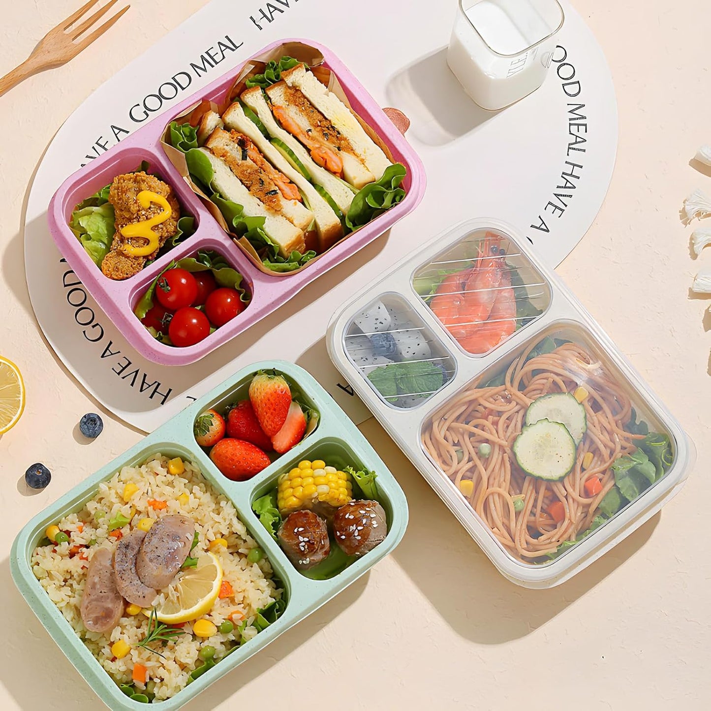 4 Pack Bento Box Lunch Boxes, BPA-Free Reusable Snack Box Containers for Kids Adults, 3 Compartment Meal Prep Containers with Lids, Stackable for School, Work, and Travel (Multicolor-3Compartments)
