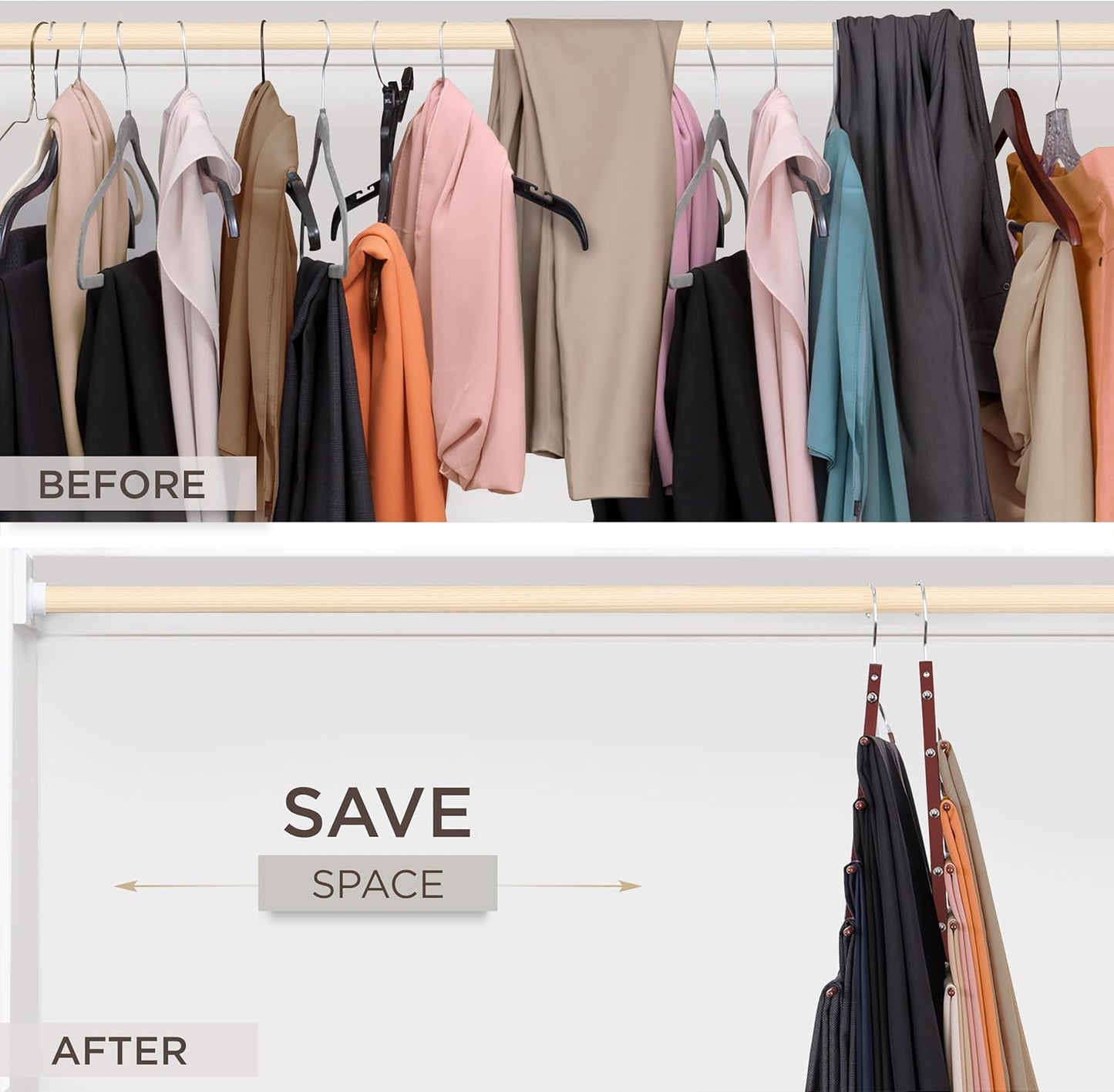 MORALVE Pants Hangers Space Saving – 2 Pack European Beechwood Hanger for Jeans, Scarves, Leggings – Closet Organizer and Space Saver Pant Rack, Leggings Hanger, and Scarf Holder with 360° Swivel Hook