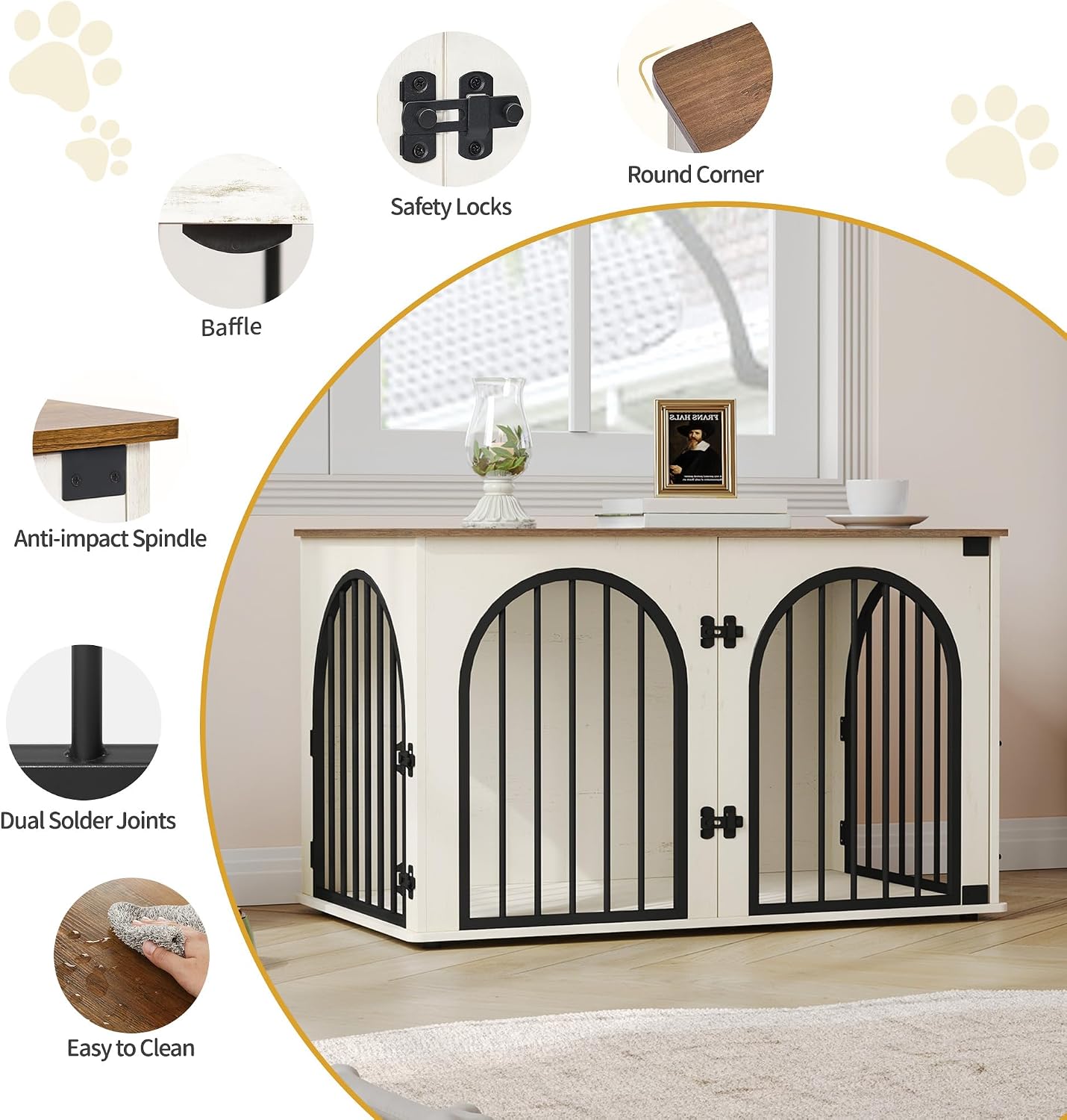 Hzuaneri 100 cm Wooden Dog Crate Furniture, Indoor Dog Kennel Dogs Cage for Small/Medium/Large Dogs, Heavy Duty Dog Crates Decorative Pet House End Side Table TV Stand, White Brown DFC84114B
