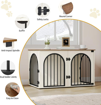 Hzuaneri 100 cm Wooden Dog Crate Furniture, Indoor Dog Kennel Dogs Cage for Small/Medium/Large Dogs, Heavy Duty Dog Crates Decorative Pet House End Side Table TV Stand, White Brown DFC84114B