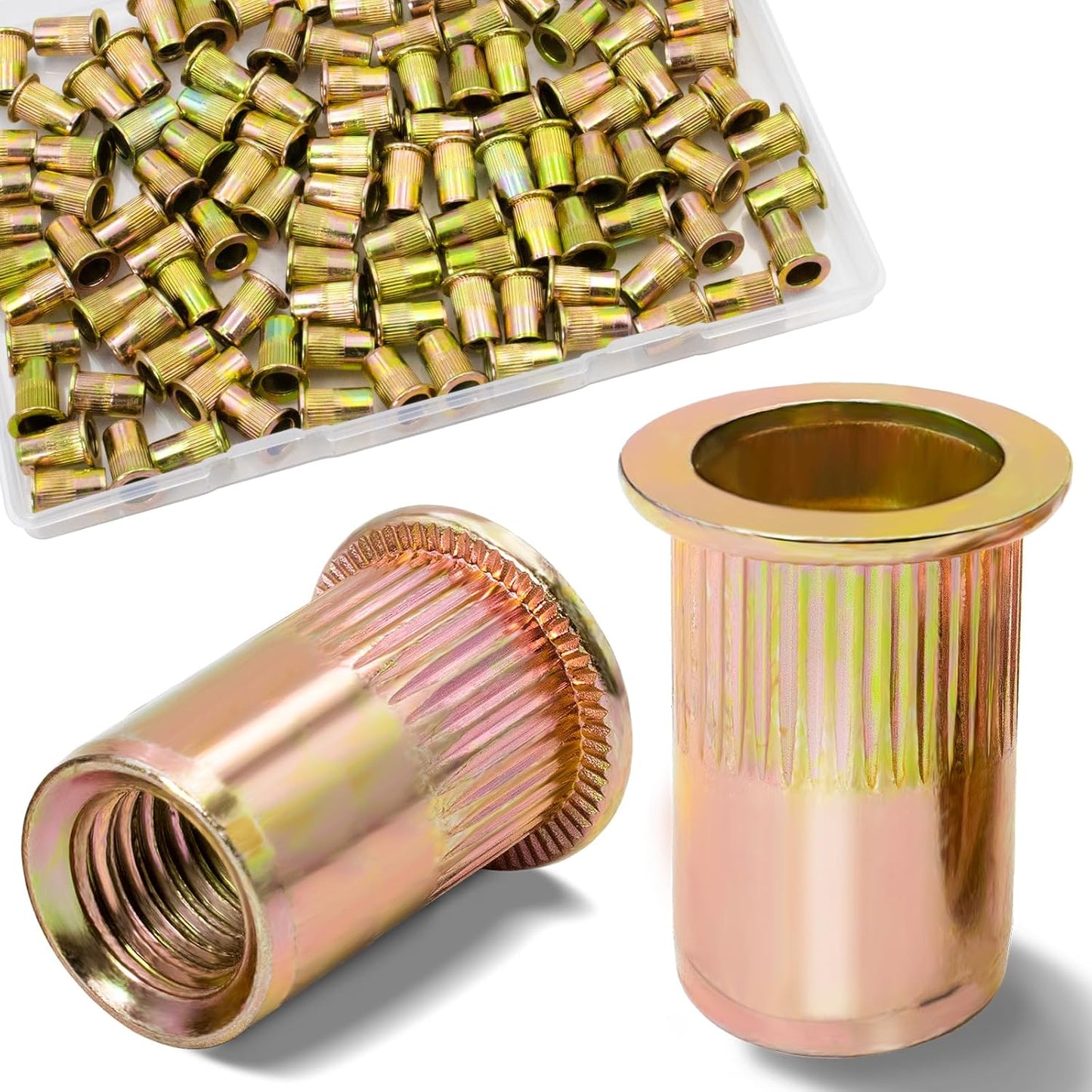 Vifmy Metric & SAE Rivet Nut Assortment Kit(420 Pcs),m3 m4 m5 m6 m8 m10 m12#6-32#8-32#10-24 1/4"-20 5/16"-18 3/8"-16 UNC Flat Head Rivnut Set,Zinc Plated Finish Carbon Steel Nutsert